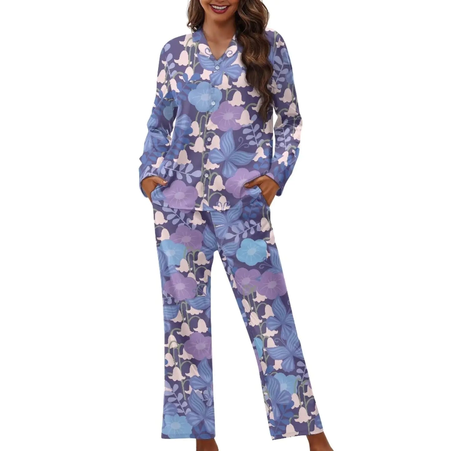 Modysero Two Piece Purple Floral Pajama Set Long Sleeve Loose Fit Collar Neck Novelty Pattern Mans Womens Loungerwear Set with Pocket