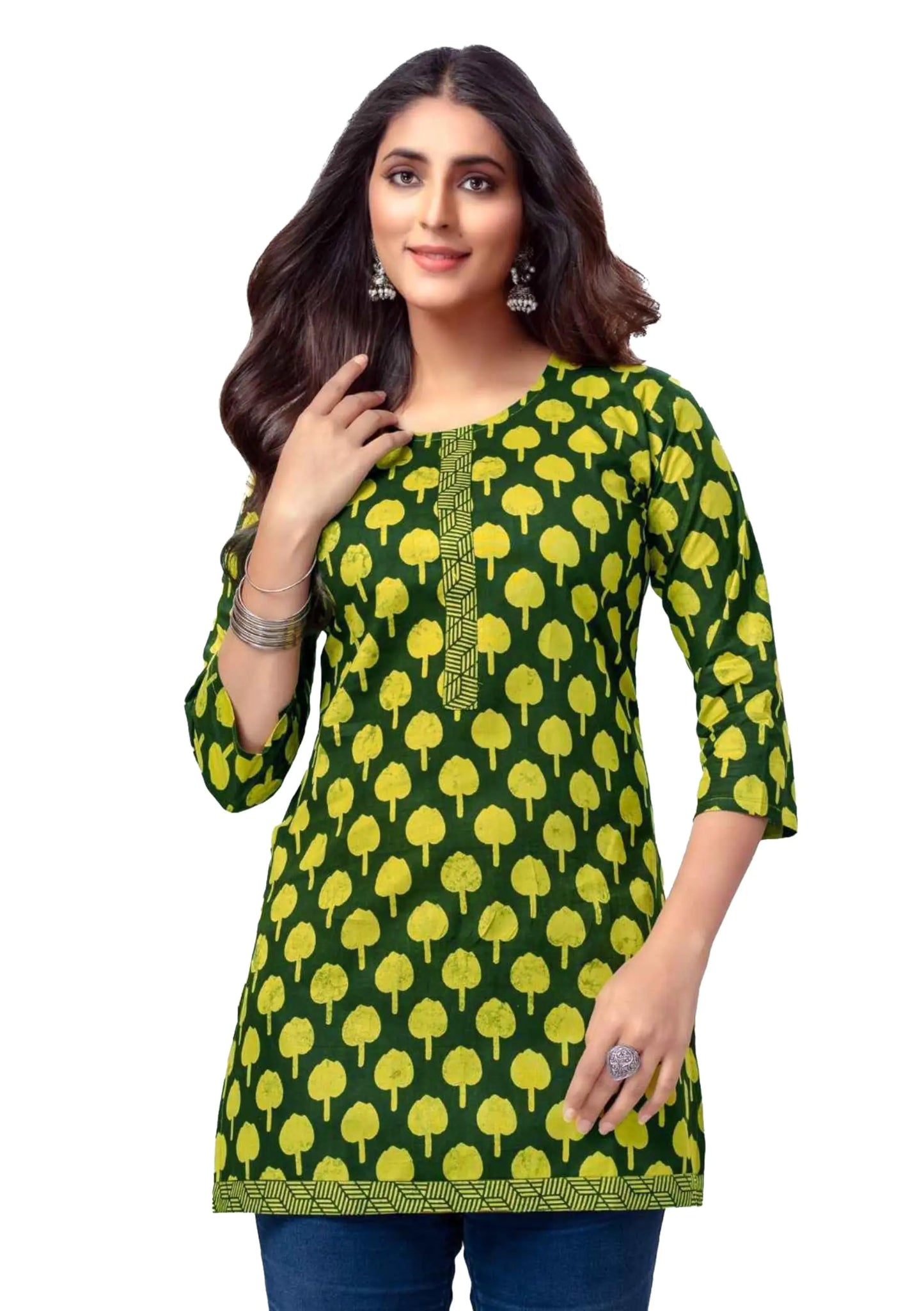 ladyline Casual Cotton Printed Tunic Top Blouse for Womens Short Kurti Ethnic Print (CPK DTSC280) (44/Dark Green)
