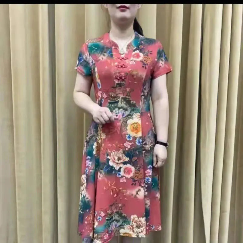 V-Neck Short Sleeve Summer Dress with Pockets (One Piece)