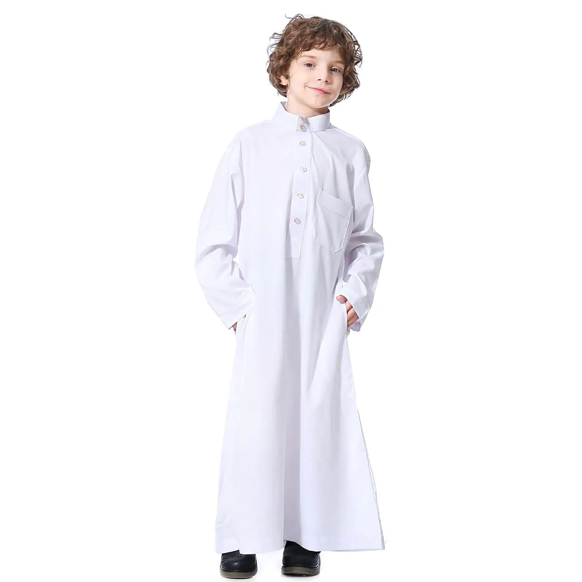 OBEEII Boys Muslim Arab Solid Color Thobe Long Sleeve Kaftan Robe Islamic Arabic Abaya Thobe White 13-14 Years
