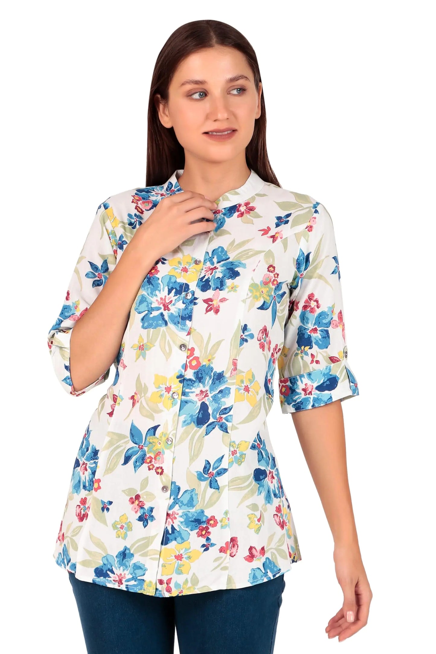 ladyline Casual Rayon Printed Tunic Top Blouse for Womens Stand Collar Full Button Down Roll-Up SleevesShort Kurti Ethnic Print (RPK LLRS) (40/ Off-White)