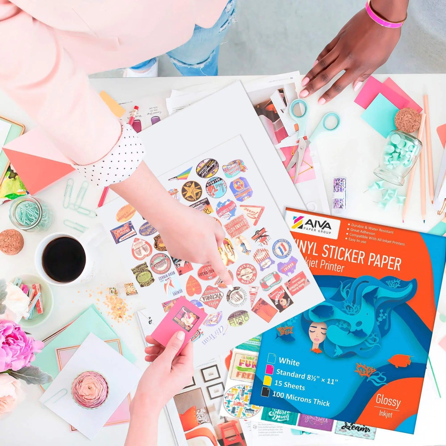 Printable Vinyl Sticker Paper for Inkjet Printer Glossy White 15 pcs Letter Size