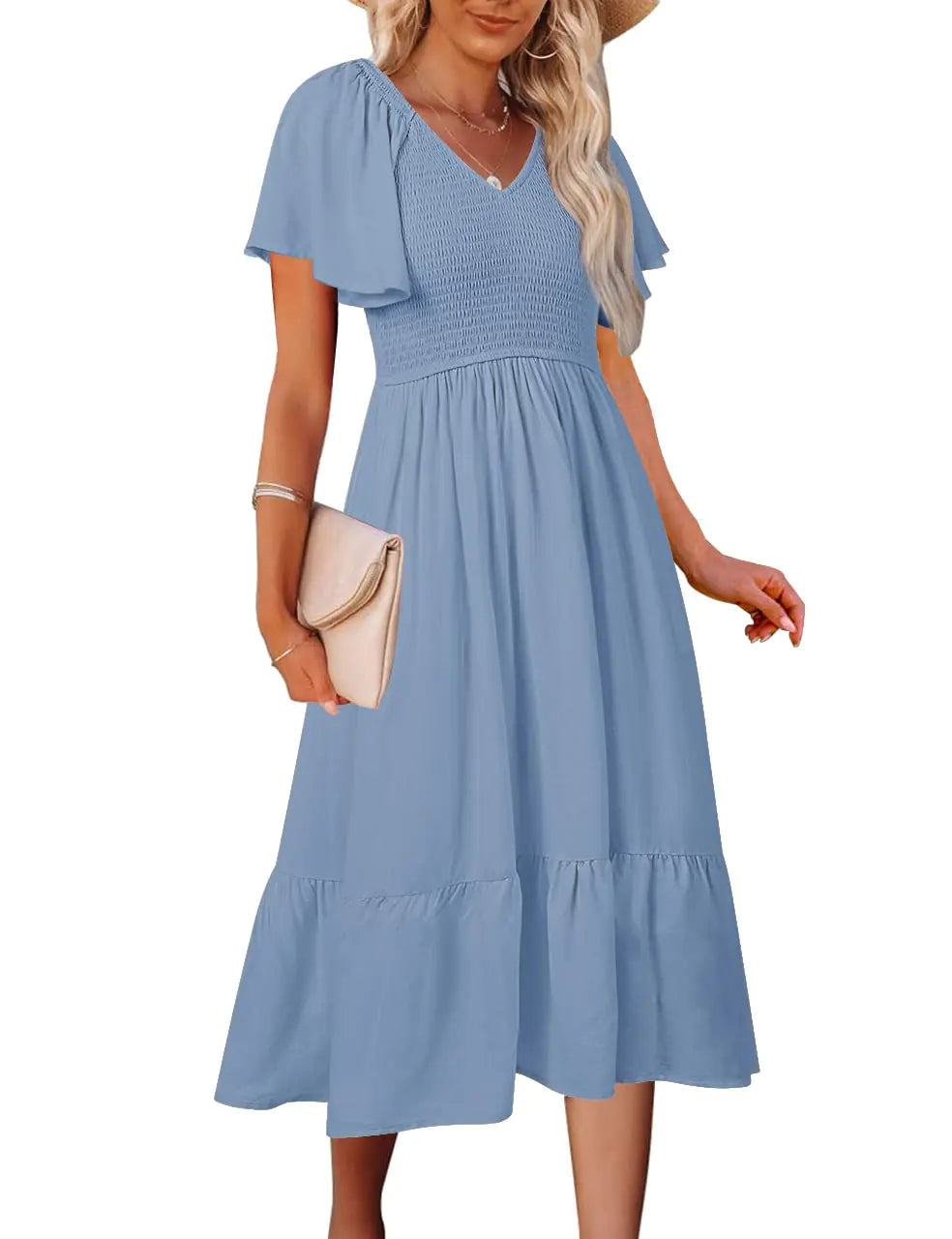 MEROKEETY Womens Summer Flutter Short Sleeve Smocked Midi Dress Flowy Tiered A Line Beach Dress Lightblue M