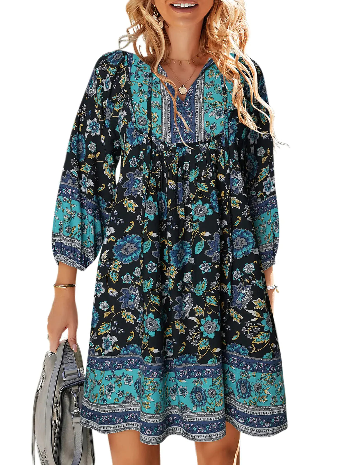 TEMOFON Womens Boho Mini Dress: Summer Floral 3/4 Long Sleeve V Neck Flowy Loose Casual Beach Dresses Black Blue L
