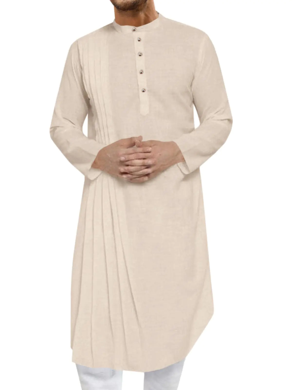 Runcati Mens Kaftan Thobe Cotton Linen Henley Shirt Long Sleeve Robe Casual Muslim Gown Kurta Beige