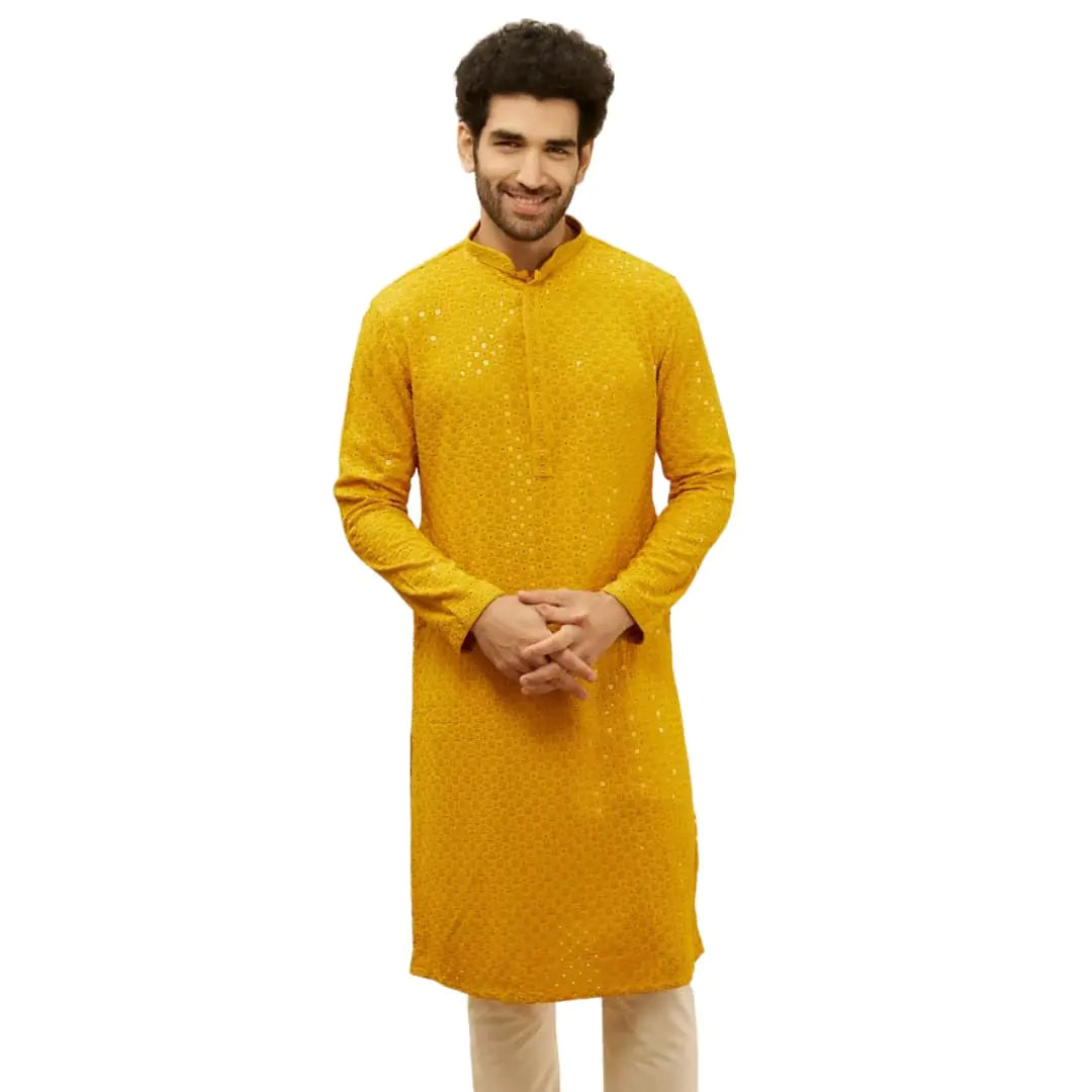 Traditional Threads Mens Embroidered Silk Kurta Pajama Set Large Indian Style (Mustard XXL)
