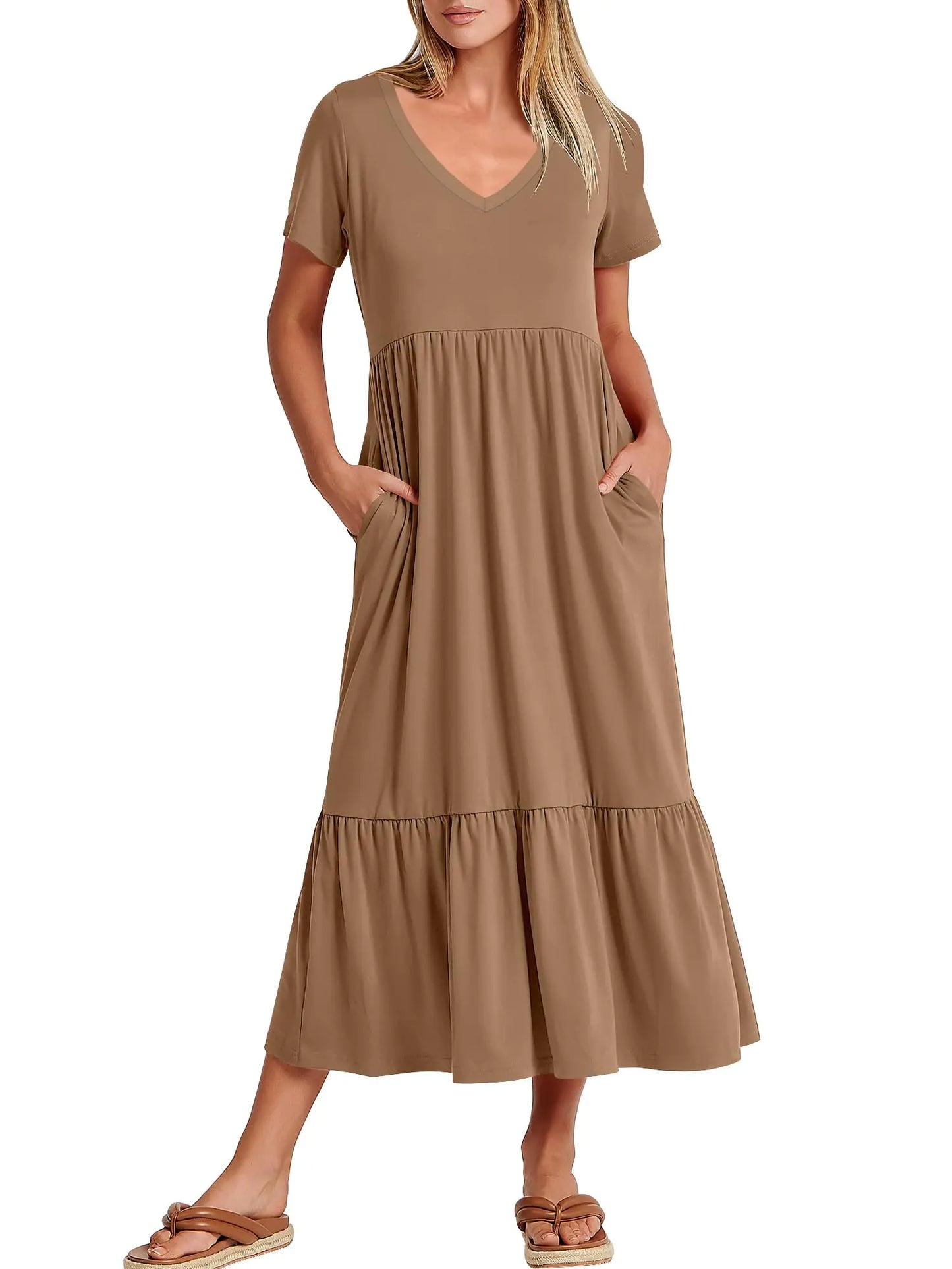 ANRABESS Womens Summer Casual Short Sleeve T Shirts Maxi Dress Flowy V Neck Tiered Beach Vacation Sundress 2025 Outfits Light Brown XX-Large