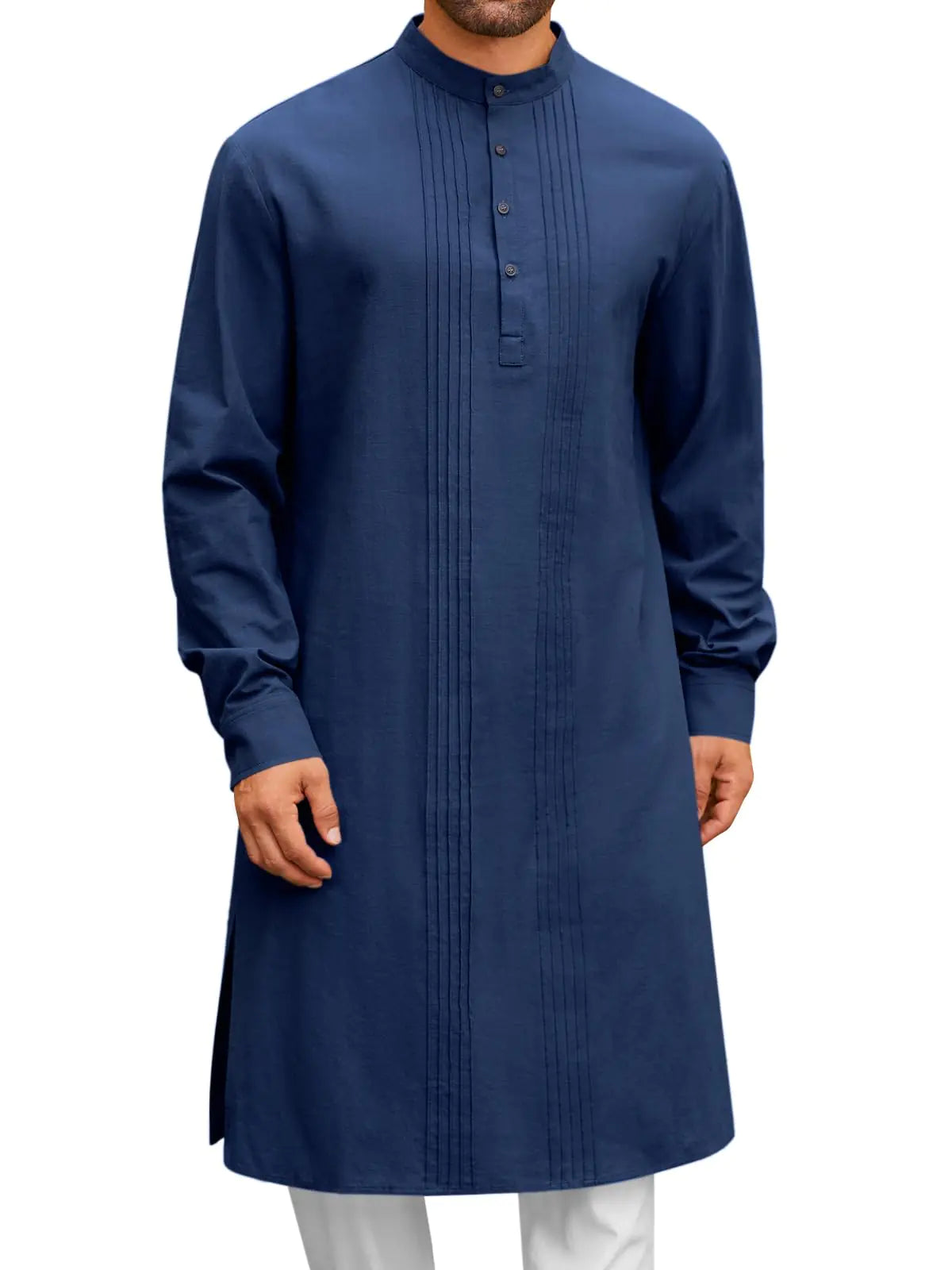 Runcati Mens Kaftan Robe Button Down Long Sleeve Cotton Linen Thobe Casual Muslim Gown Henley Shirt Navy