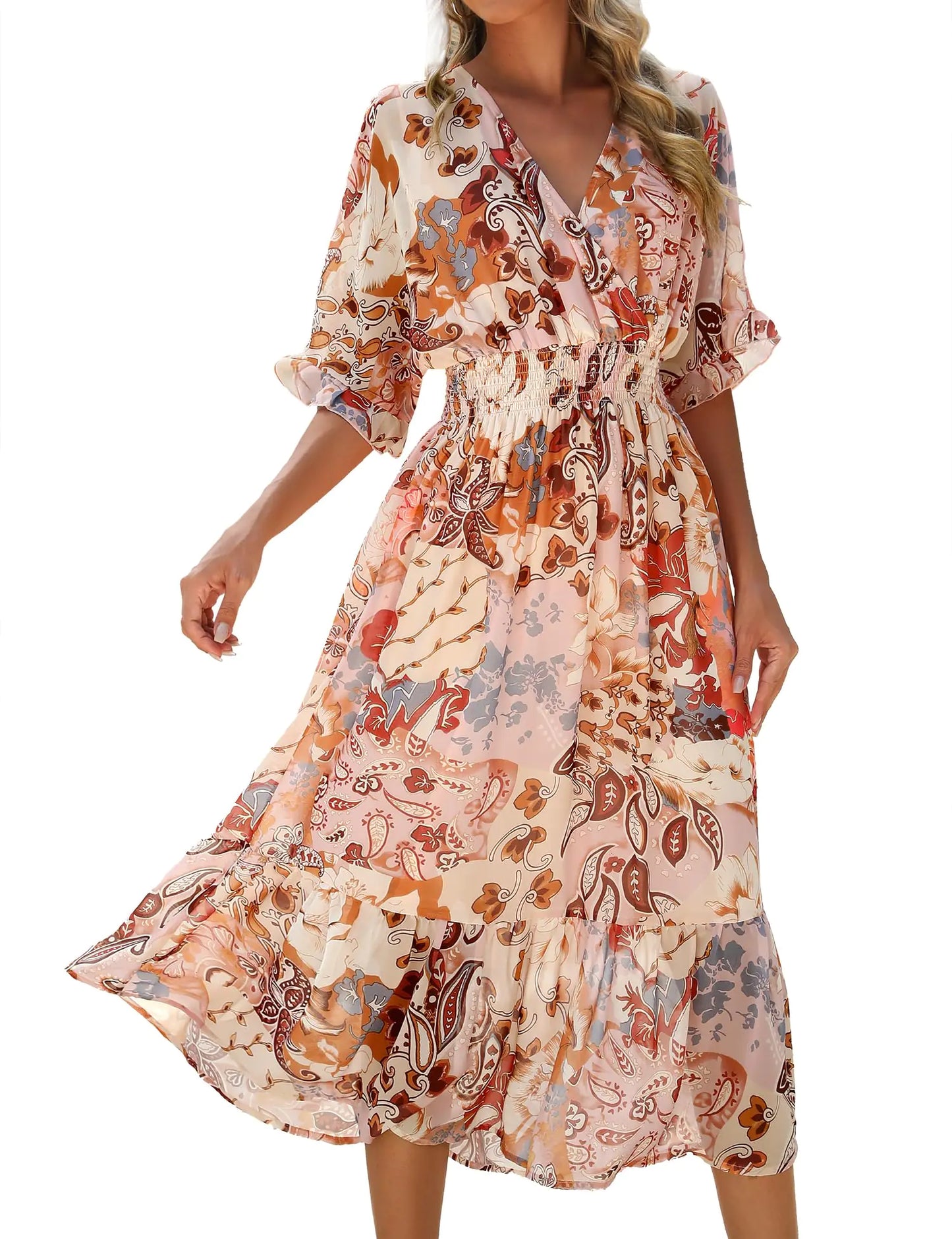 Meetrendi Women Summer Loose Boho V Neck Short Sleeve Floral Long Flowy Maxi Beach Wedding Guest Spring Dresses 2025