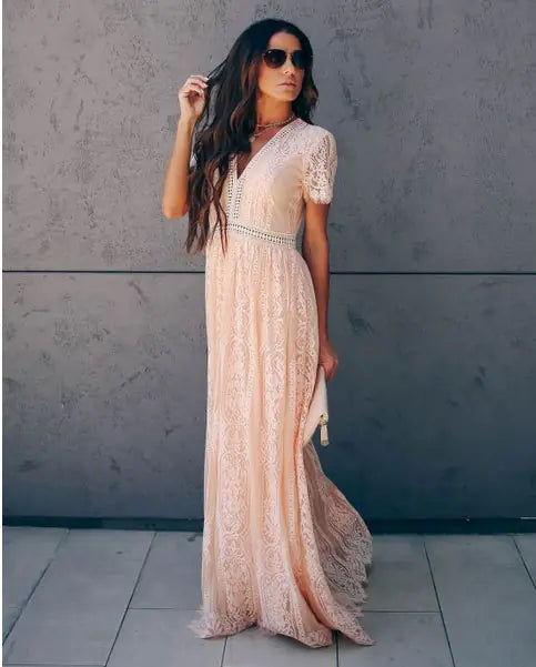 2020 Summer New Women's Lace V-Neck Maxi Dress