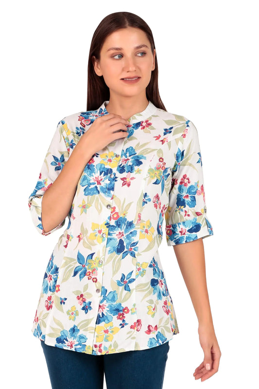 ladyline Casual Rayon Printed Tunic Top Blouse for Womens Stand Collar Full Button Down Roll-Up SleevesShort Kurti Ethnic Print (RPK LLRS) (40/ Off-White)