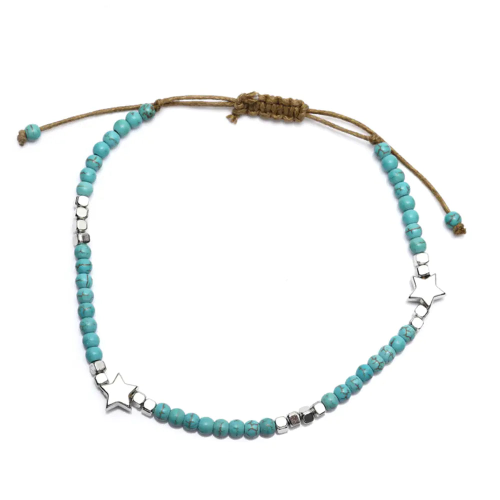 Bohemian Star Turquoise Anklet with Cube Beads
