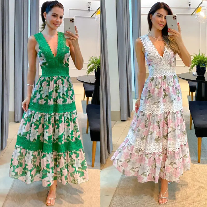 2023 Women's Sleeveless V-Neck Lace Maxi Dress