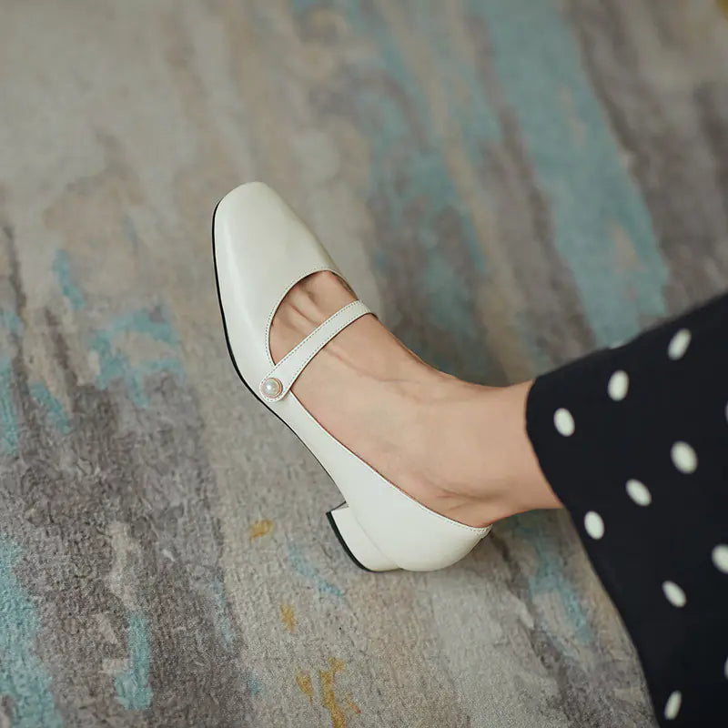 Vintage Chunky Heel Mary Jane Leather Shoes for Women