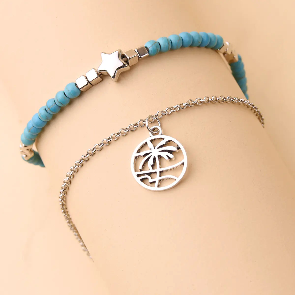 Bohemian Star Turquoise Anklet with Cube Beads