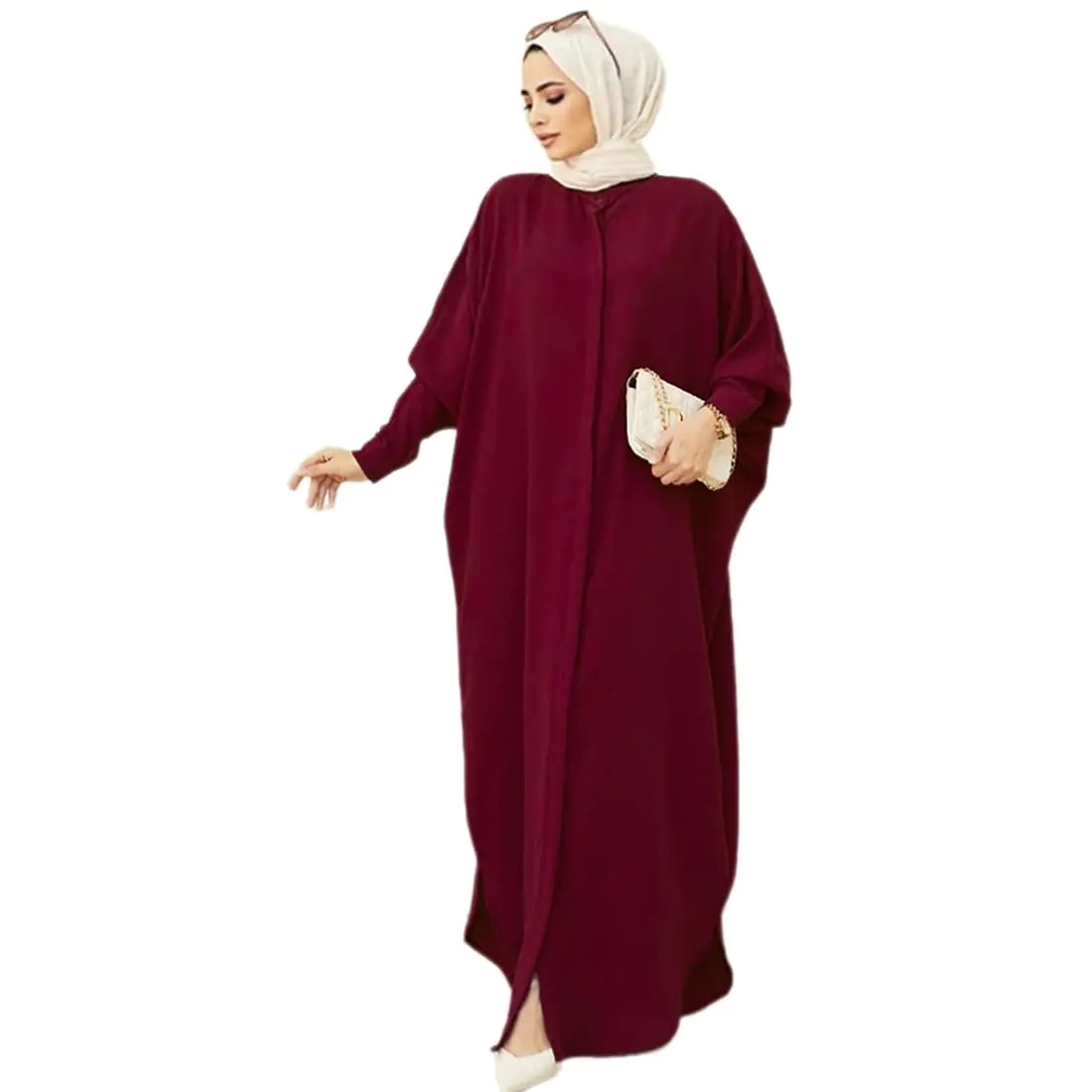 Womens Abayas Muslim Dress Abaya Batwing Sleeve Prayer Clothes Middle East Kaftan Dubai Islamic Dress Solid Casual Loose Fit Maxi Cardigan Robe Modest Arabian Outfit Ramadan Long Dresses Red Wine