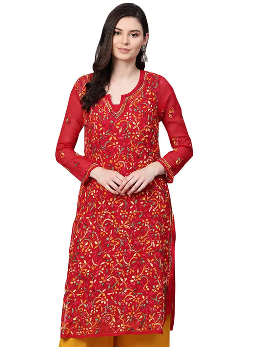Ada Indian Hand Embroidery Womens Chikankari Faux Georgette Kurta Kurti Tunic with slip S262097 Red