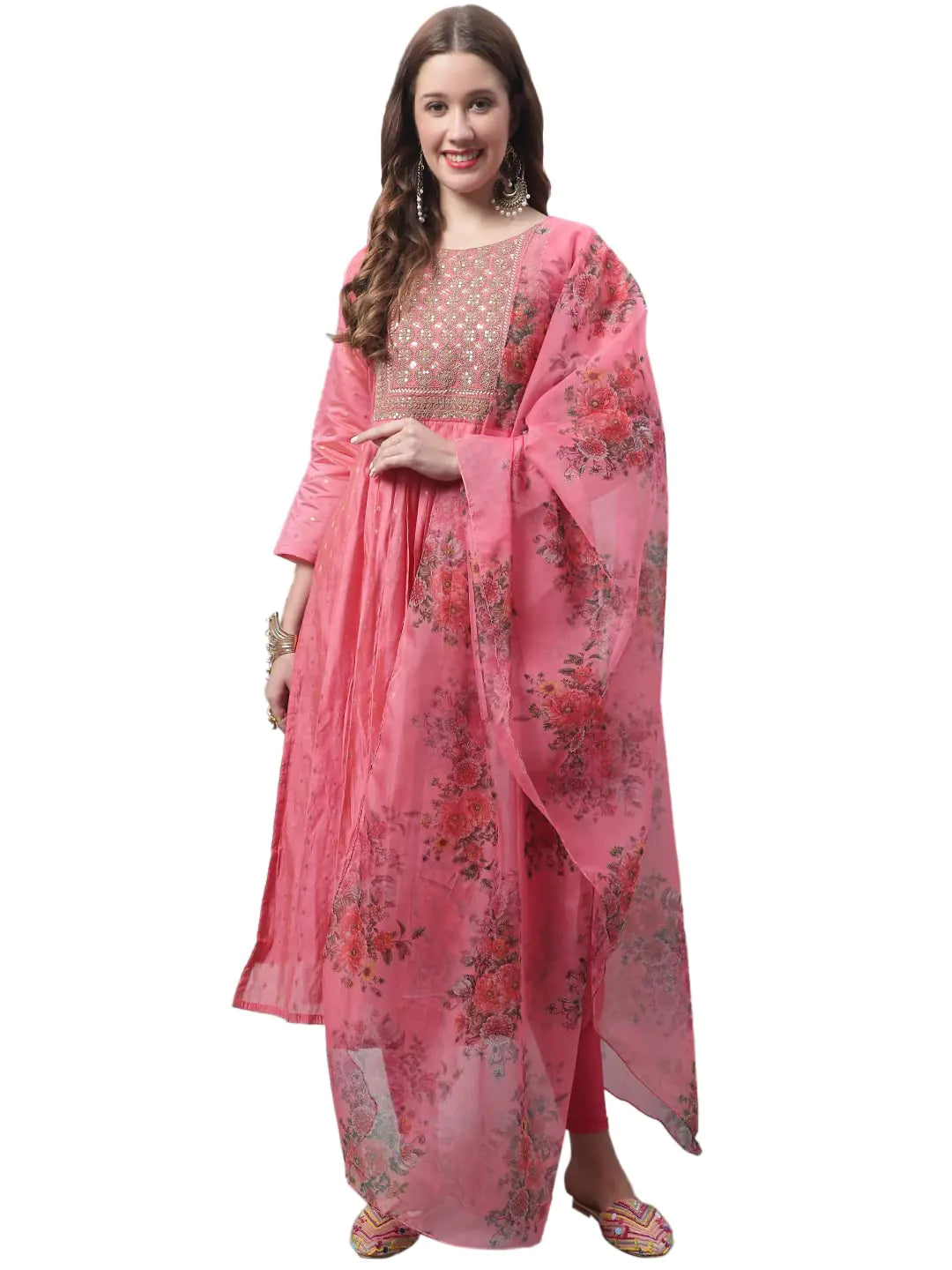 VredeVogel Womens Chanderi Modal Butti Kurta with Stretchable Leggings & Organza Dupatta Set (Pink_Large)