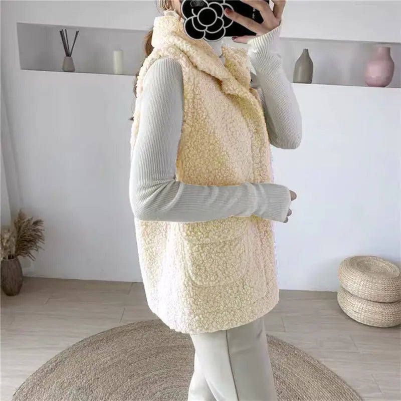 Korean Women's Sleeveless Plush Thermal Polo Vest