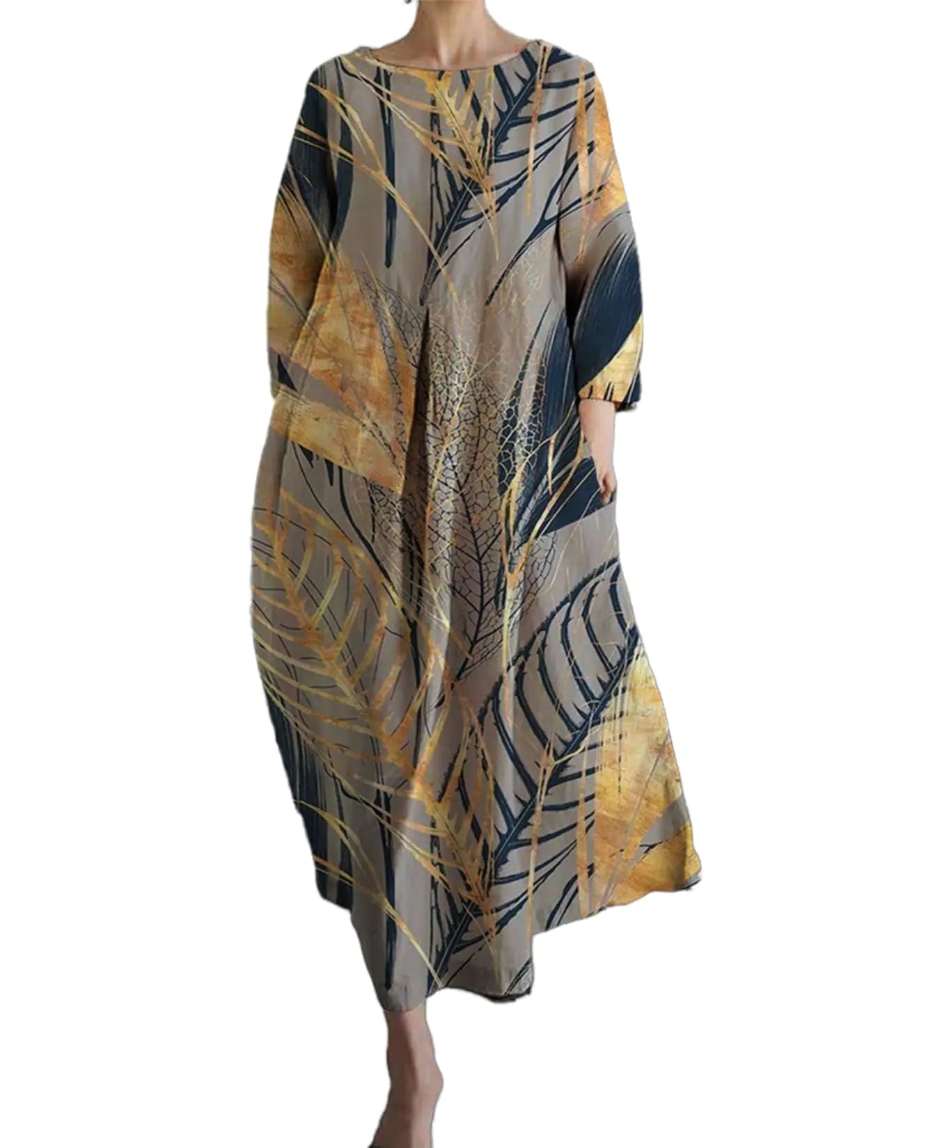 Gray Dress Boho Floral Maxi Dress for Womens Cotton Long Sleeve Dresses Flowy Casual Long Dress