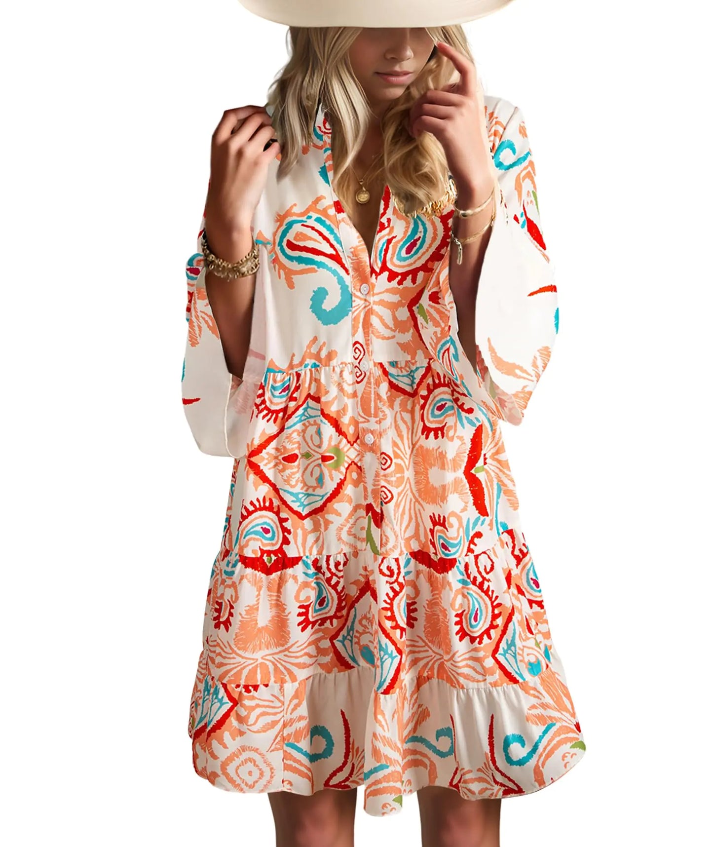 Womens 2024 Trendy Casual Mini Dress V Neck Bell Sleeve Ruffle Flowy Tiered Pleated Dress Summer Boho Dress Orange Tribe S