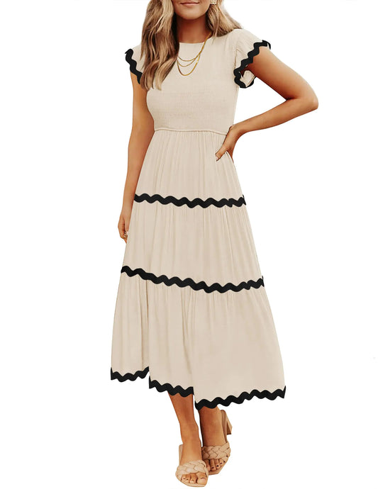 ZESICA Womens Summer Flutter Short Sleeve Smocked Midi Dress Casual High Waist Rickrack Tiered Flowy DressesApricotLarge