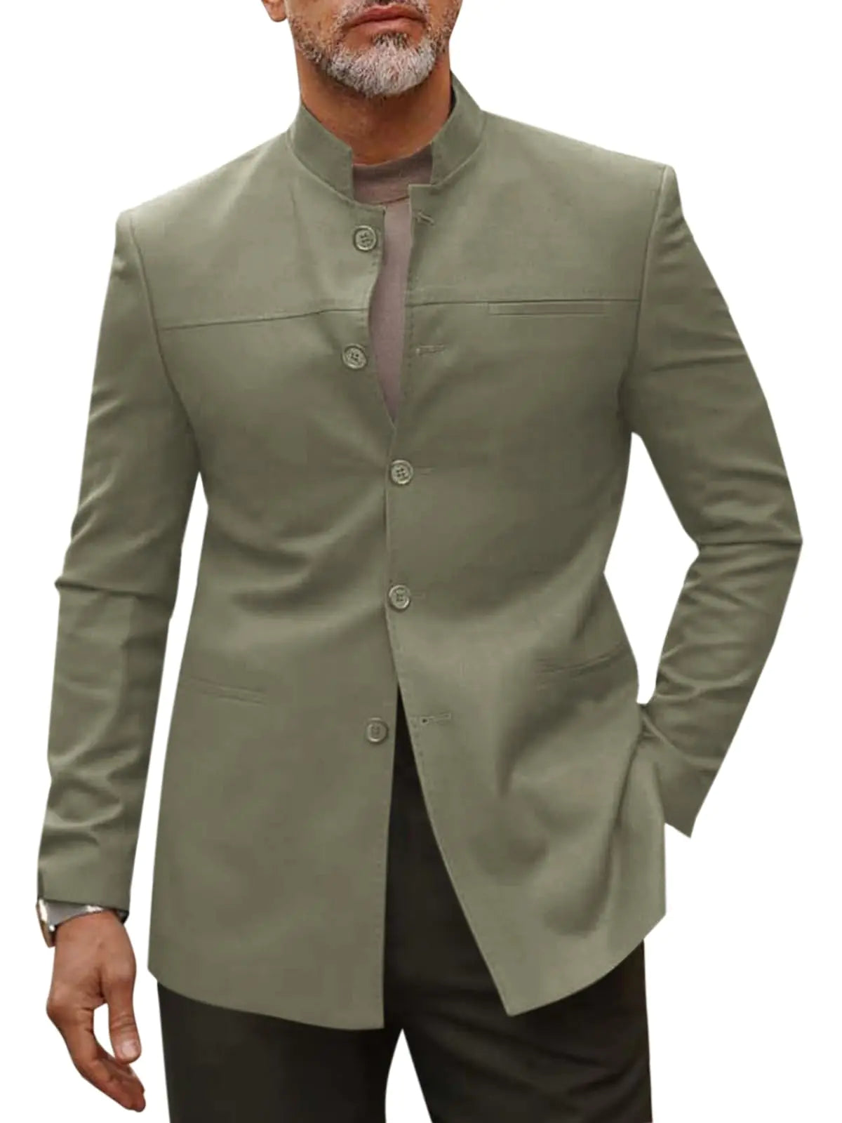 Runcati Mens Casual Suit Blazer Jacket Mandarin Collar Single Breasted Sport Coat Business Dress Coat Army Green