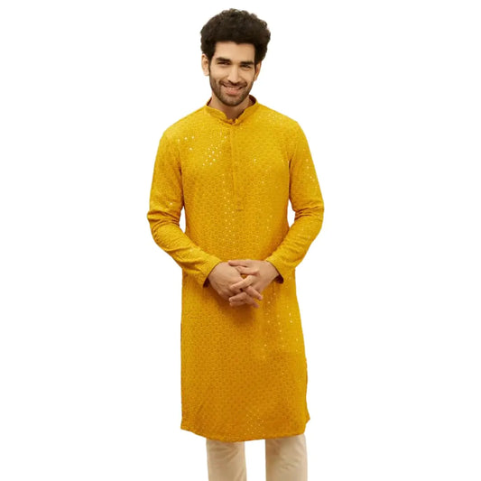 Traditional Threads Mens Embroidered Silk Kurta Pajama Set Large Indian Style (Mustard XXL)