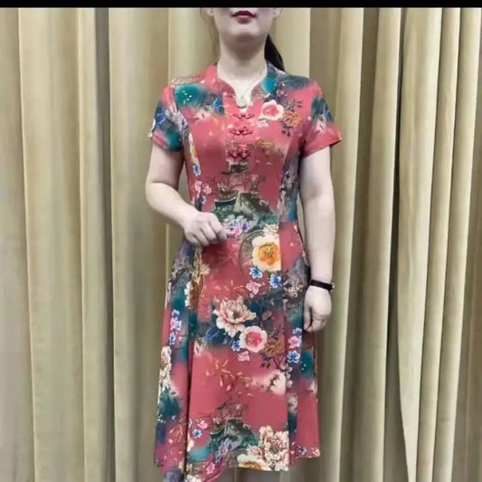 V-Neck Short Sleeve Summer Dress with Pockets (One Piece)