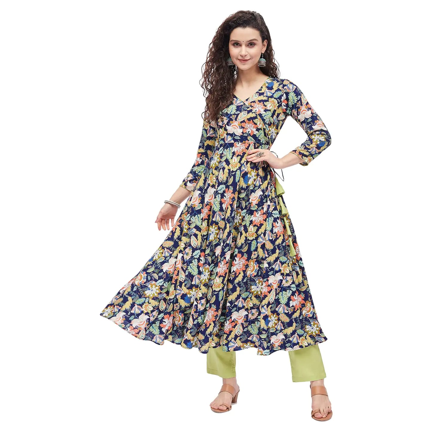Tissu Womens Rayon Blue & Green Floral Printed Angrakha Kurta 2213_Multi_6XL