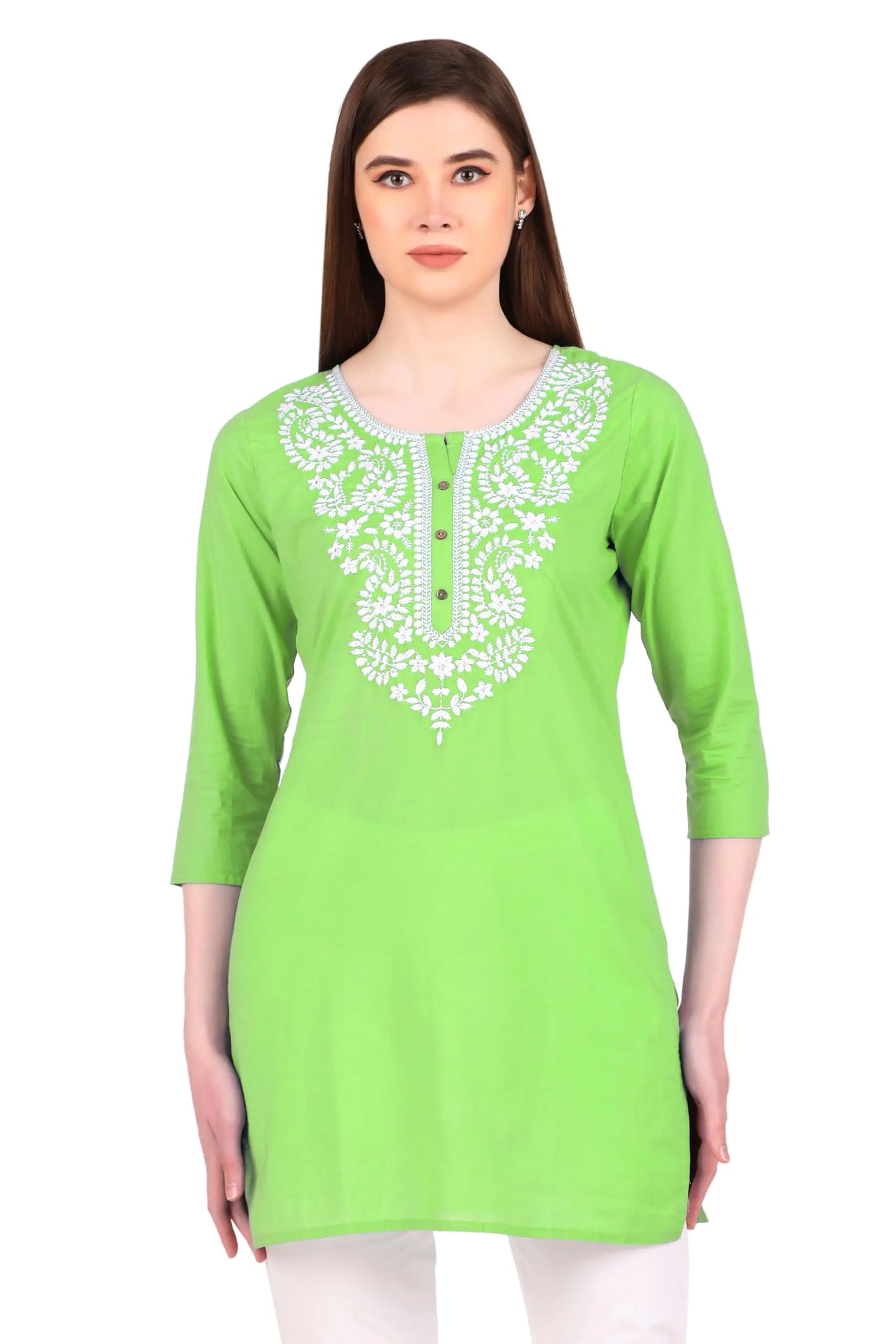 ladyline Lakhnavi Embroidered Cotton Womens Tunic Top Elegant Short Kurti Hip Length (CEK NJLS) (36/Lyril-Green)