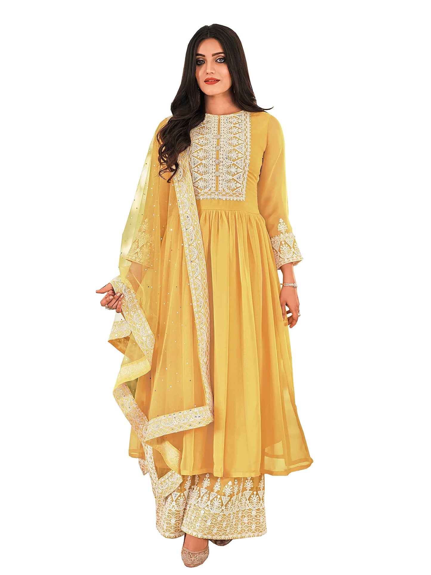 Shriva Fashion Indian latest arrival ready to wear palazzo salwar kameez for women with net dupatta (2307-O) (Yellow X-small)