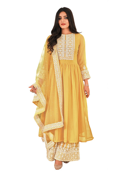 Shriva Fashion Indian latest arrival ready to wear palazzo salwar kameez for women with net dupatta (2307-O) (Yellow X-small)