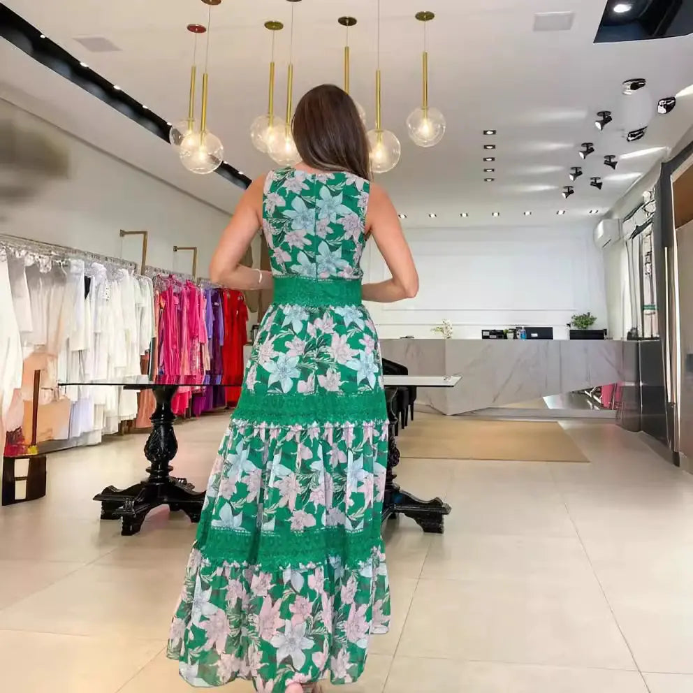 2023 Women's Sleeveless V-Neck Lace Maxi Dress