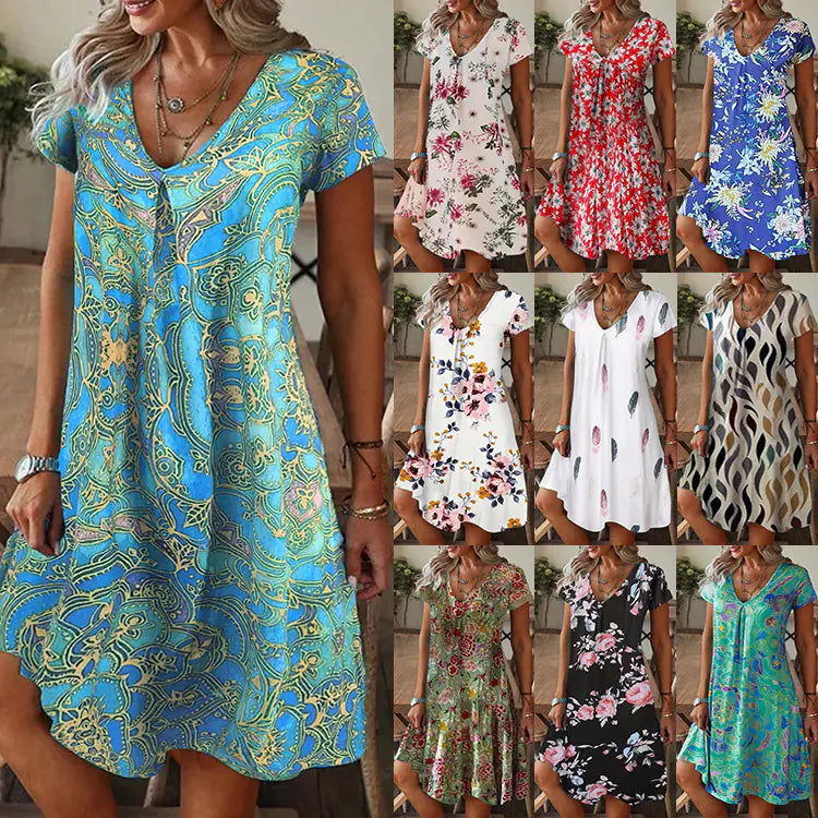 2023 Summer Women's Casual V-Neck Printed Dress