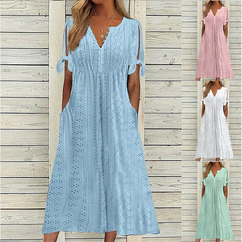 2023 Summer Women's Lace V-Neck Dress with Ruffles