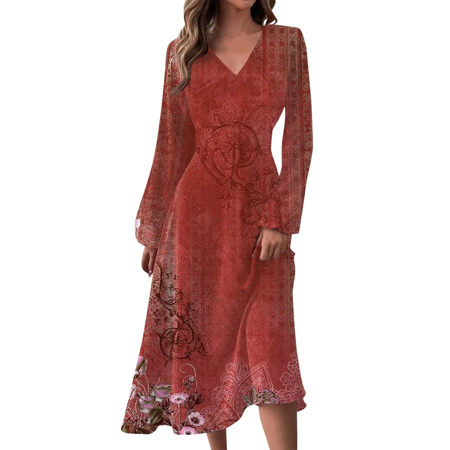 Fall Wedding Guest Dresses Cotton Summer Dress Maxi Maternity Dress Long Sleeve Wrap V Neck Ruffle Belted A-Line Flowy Midi Dresses Vestidos De Fiesta para Mujer 2024 Largos 3-Red XXL
