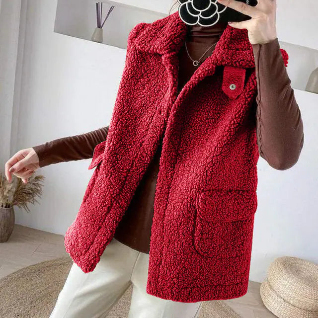 Korean Women's Sleeveless Plush Thermal Polo Vest