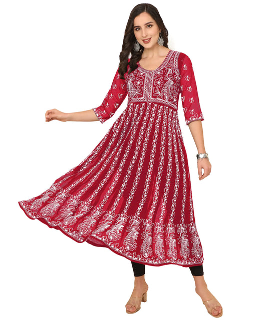 EthnicJunction Womens Georgette Chikankari Embroidery Anarkali Kurta (X Large) (Maroon)