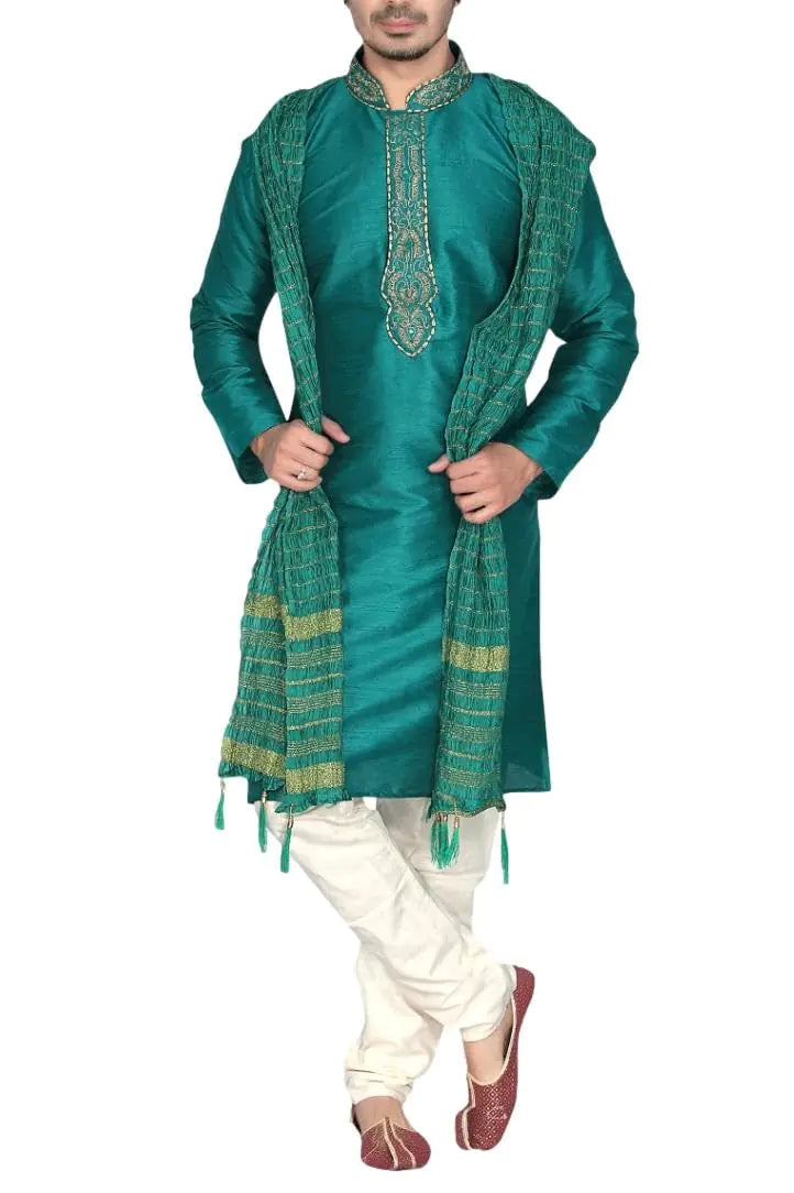 Sonisha MKP9008 Green and Ivory Mens Kurta Pyjama Indian Suit Bollywood Sherwani (54)