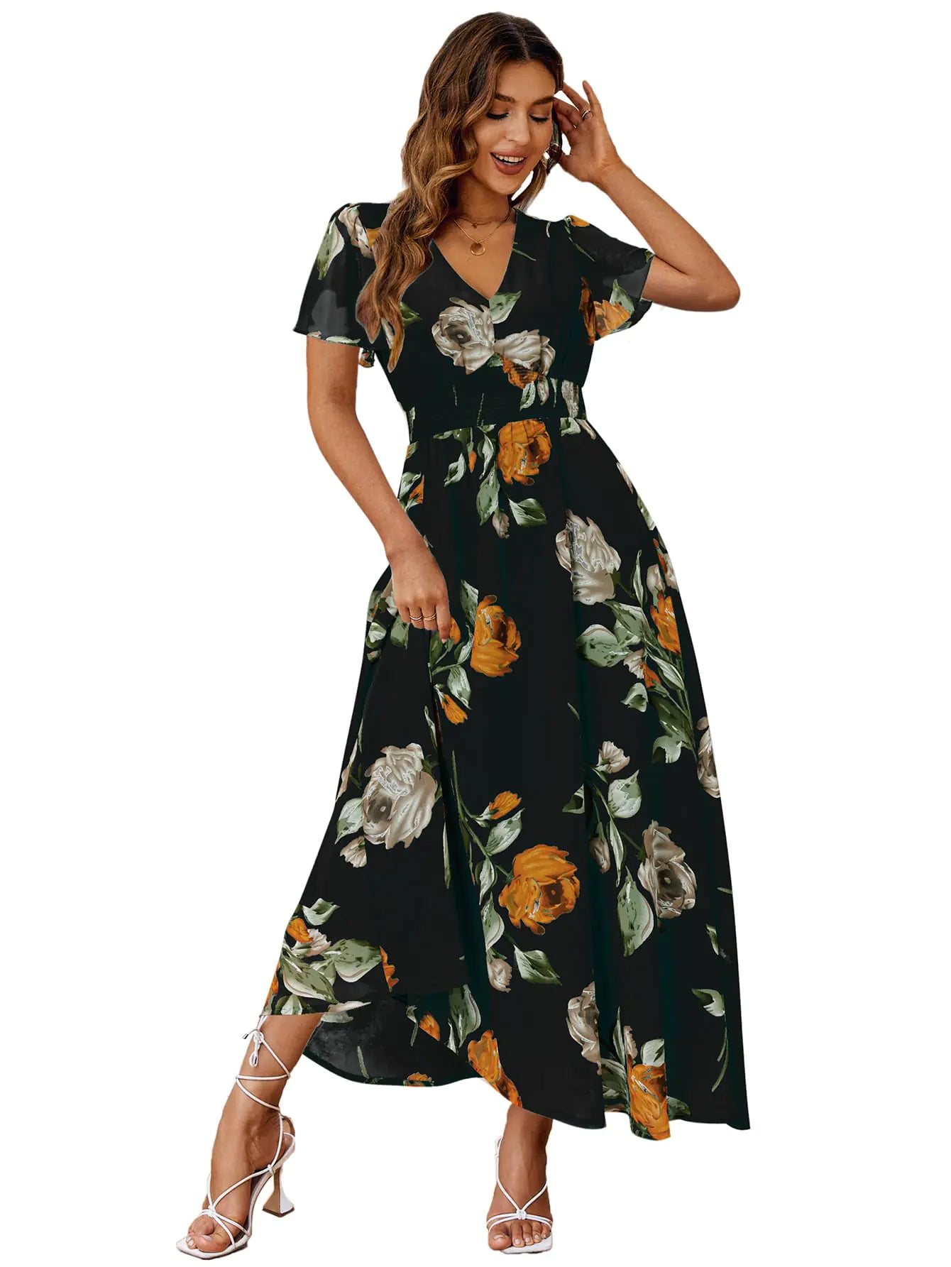Simplee Women Casual Boho Floral Maxi Dress Flowy Long Wedding Guest Dress Holiday Beach V Neck Short Sleeve Maternity Dress (XL Black)