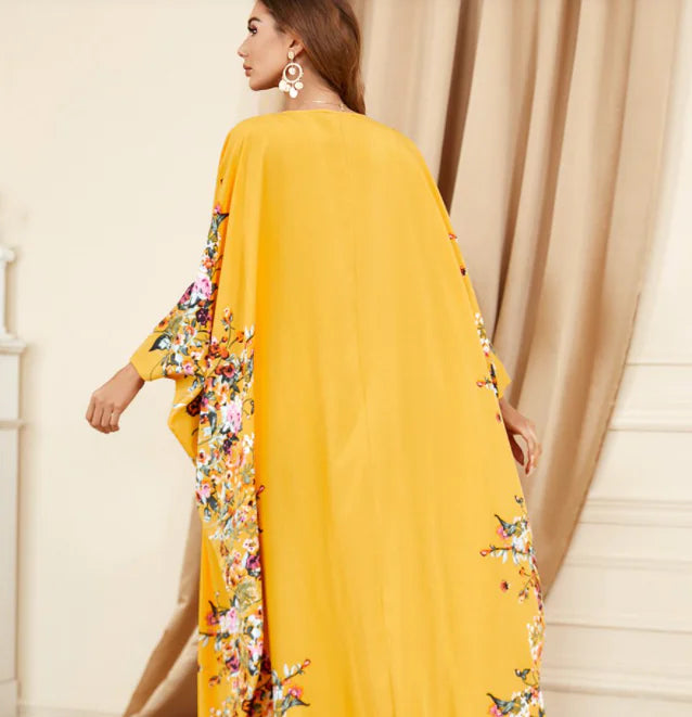 Plus Size Yellow Bat Sleeve Dress for Middle East Muslim