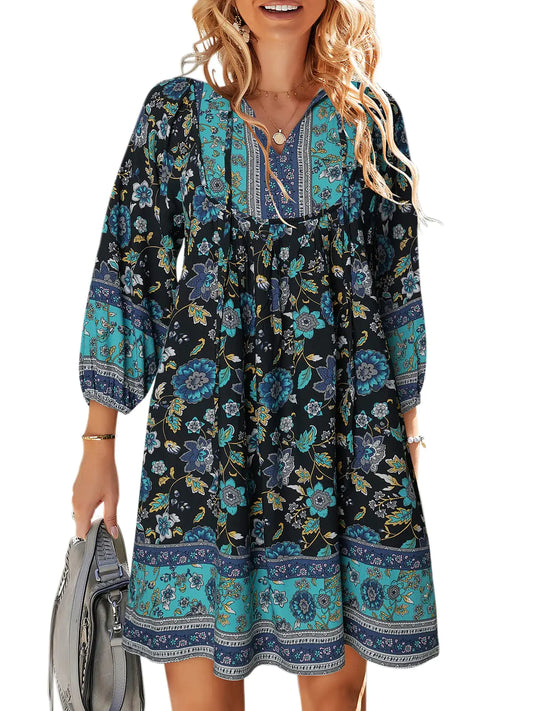 TEMOFON Womens Boho Mini Dress: Summer Floral 3/4 Long Sleeve V Neck Flowy Loose Casual Beach Dresses Black Blue L