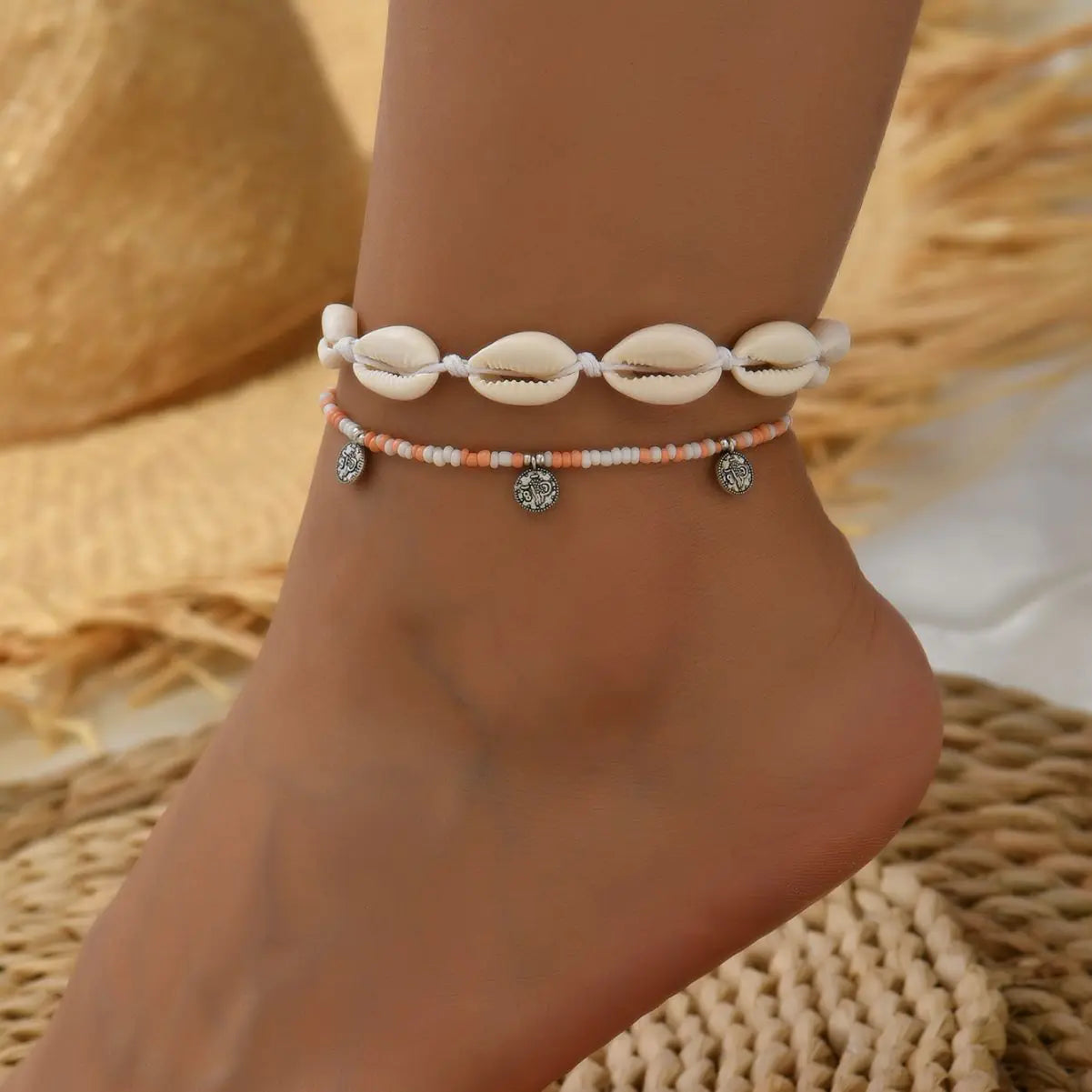 2PCS Bohemian Shell Woven Anklets with Rice Beads