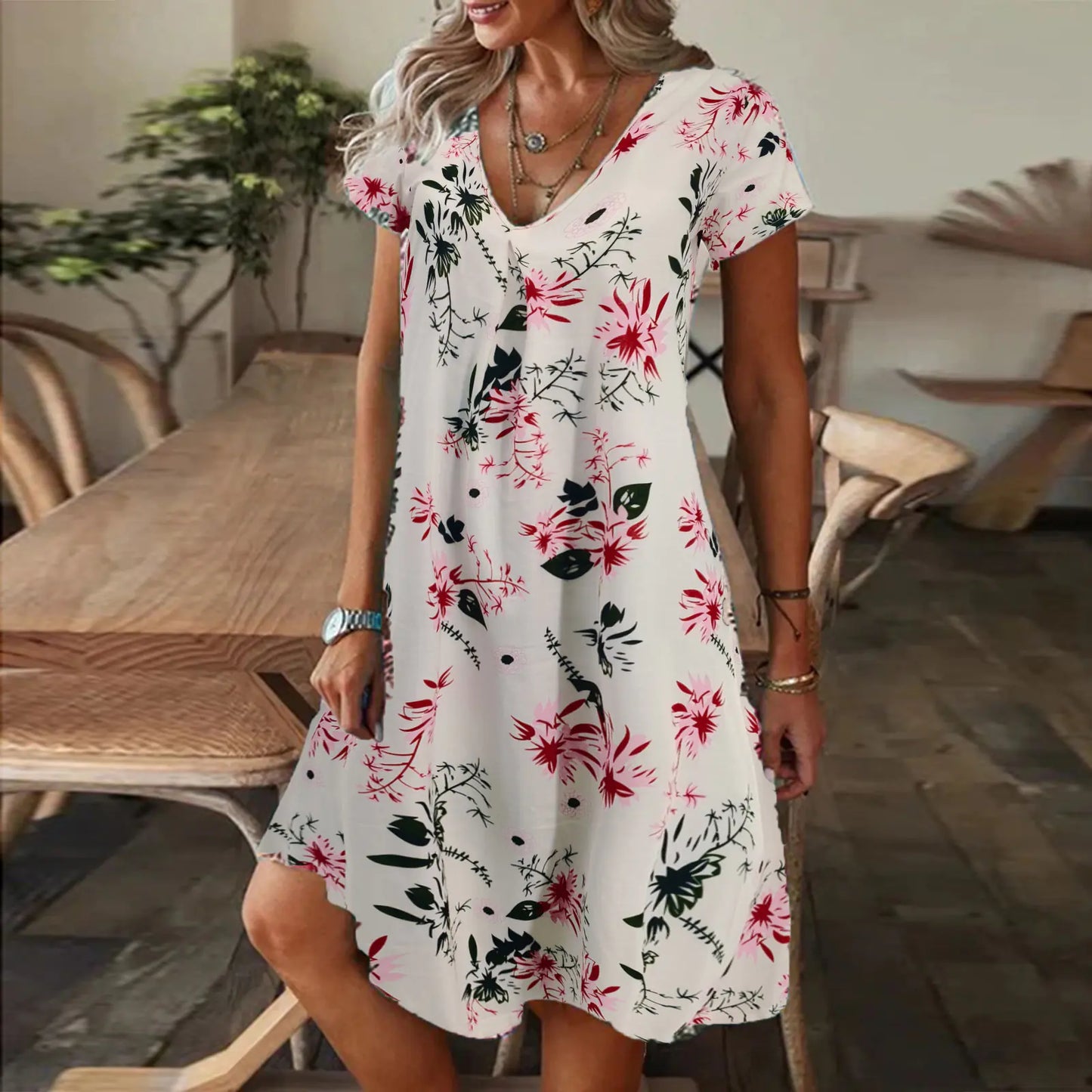 2023 Summer Women's Casual V-Neck Printed Dress