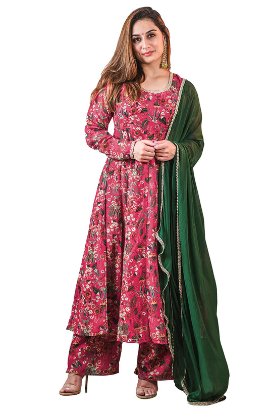 Janasya Indian Womens Pink Georgette Digital Floral Printed Kurta with Palazzo and Dupatta