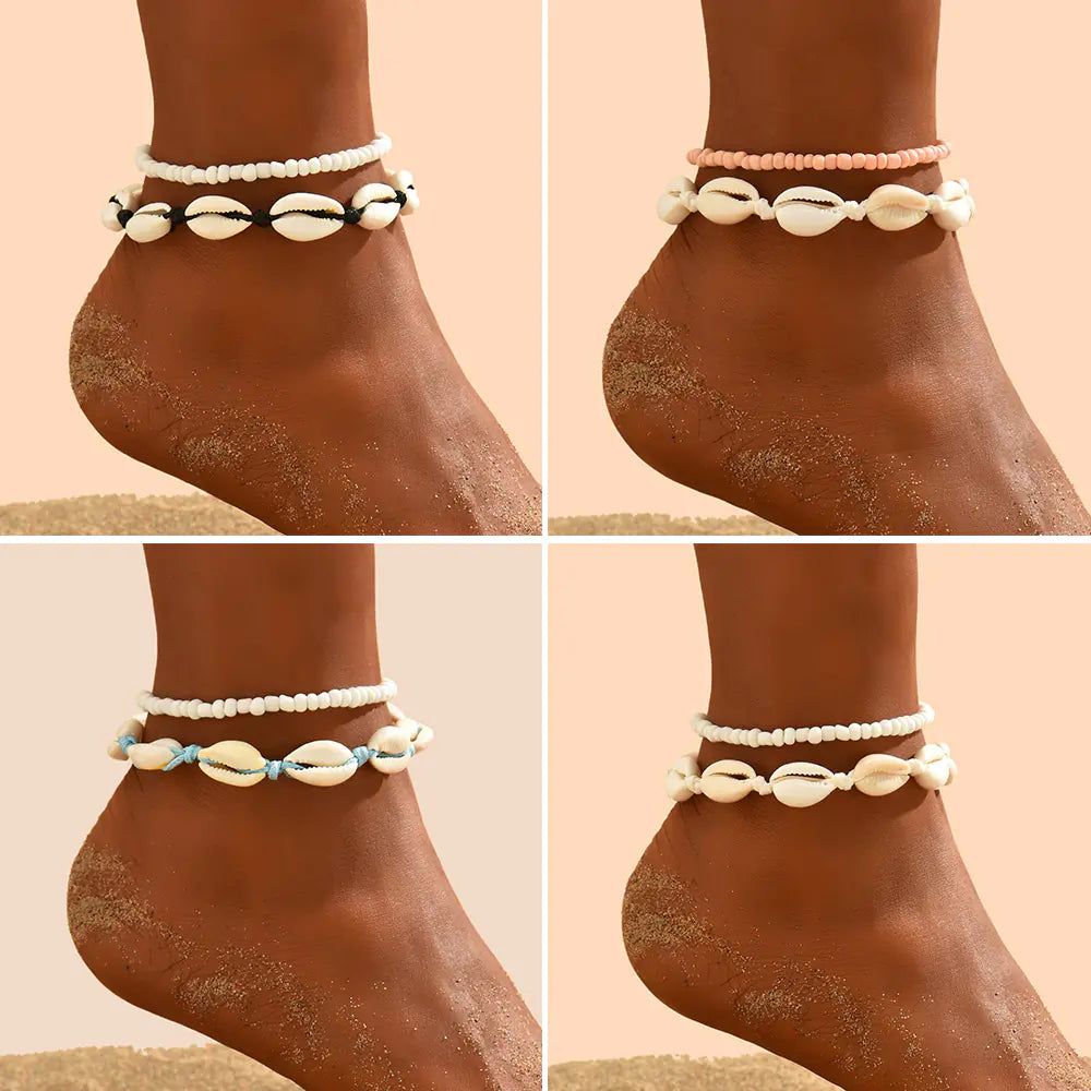 2PCS Bohemian Shell Woven Anklets with Rice Beads