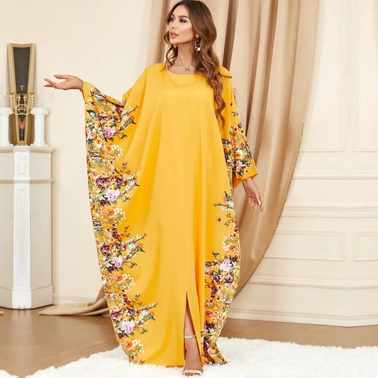 Plus Size Yellow Bat Sleeve Dress for Middle East Muslim