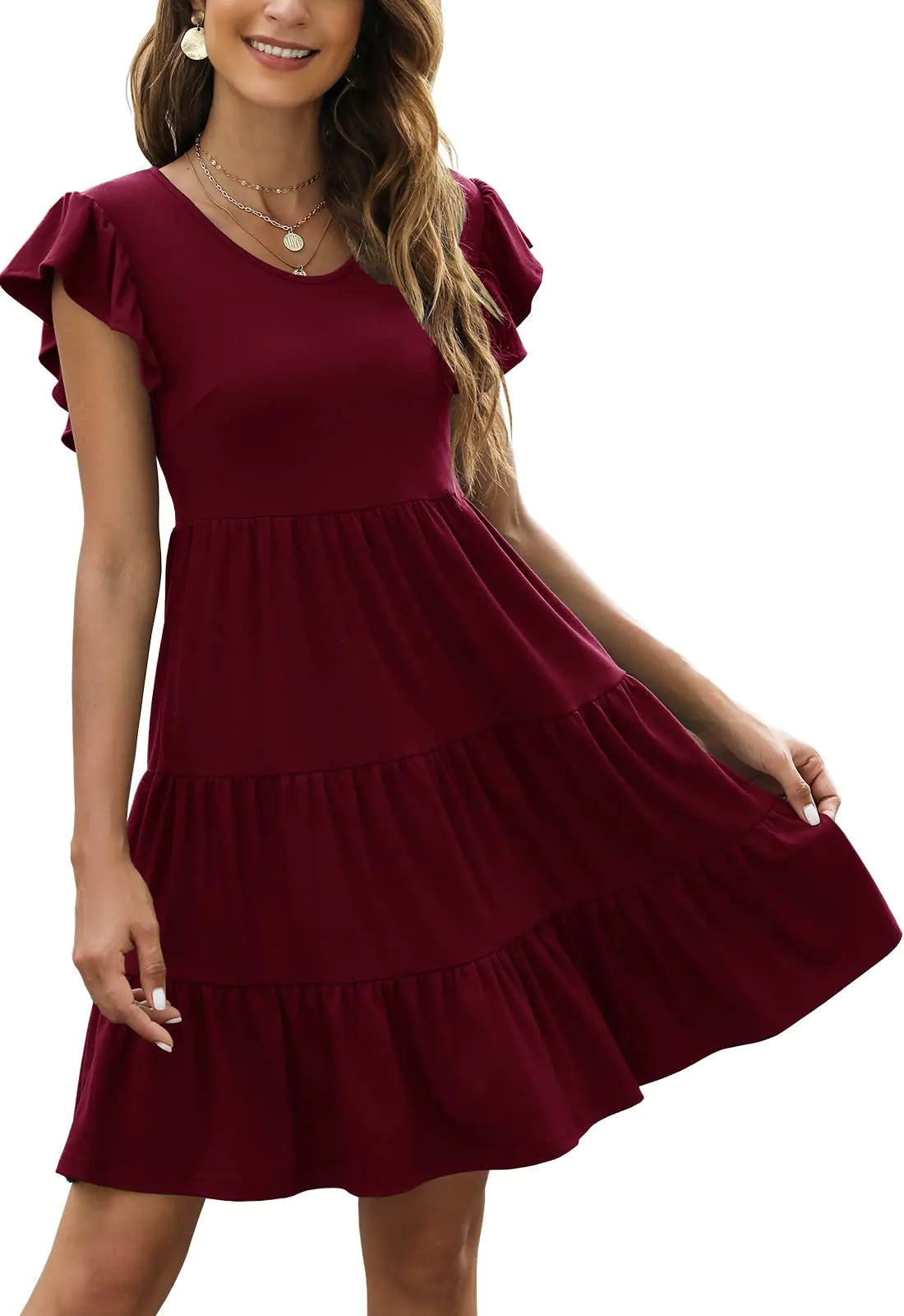 Lyrur Tiered Mini Dress Womens Ruffle Sleeve Flowy Babydoll Sundress Summer Casual Beach Vacation Dresses(S9173-Burgundy)