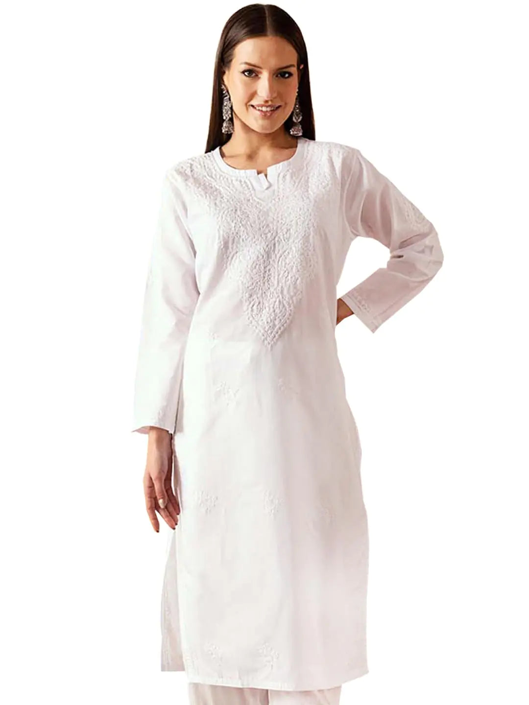 Ada Hand Embroidered Indian Chikankari Cotton Kurta Kurti Tunic for Women A342228 (X-Small White)
